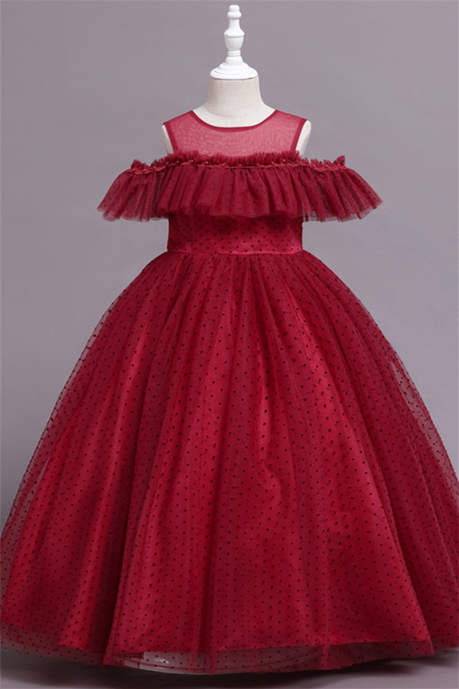 Pretty Dusty Pink Tulle Flower Girl Dress with Long Ruffle Sleeves and Spot-BallBride
