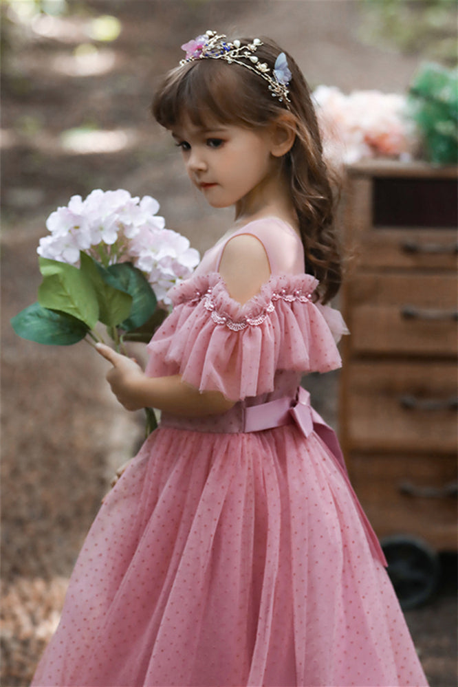 Pretty Dusty Pink Tulle Flower Girl Dress with Long Ruffle Sleeves and Spot-BallBride