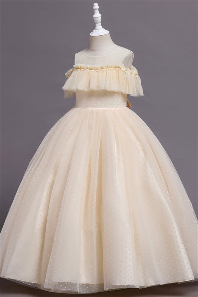 Pretty Dusty Pink Tulle Flower Girl Dress with Long Ruffle Sleeves and Spot-BallBride