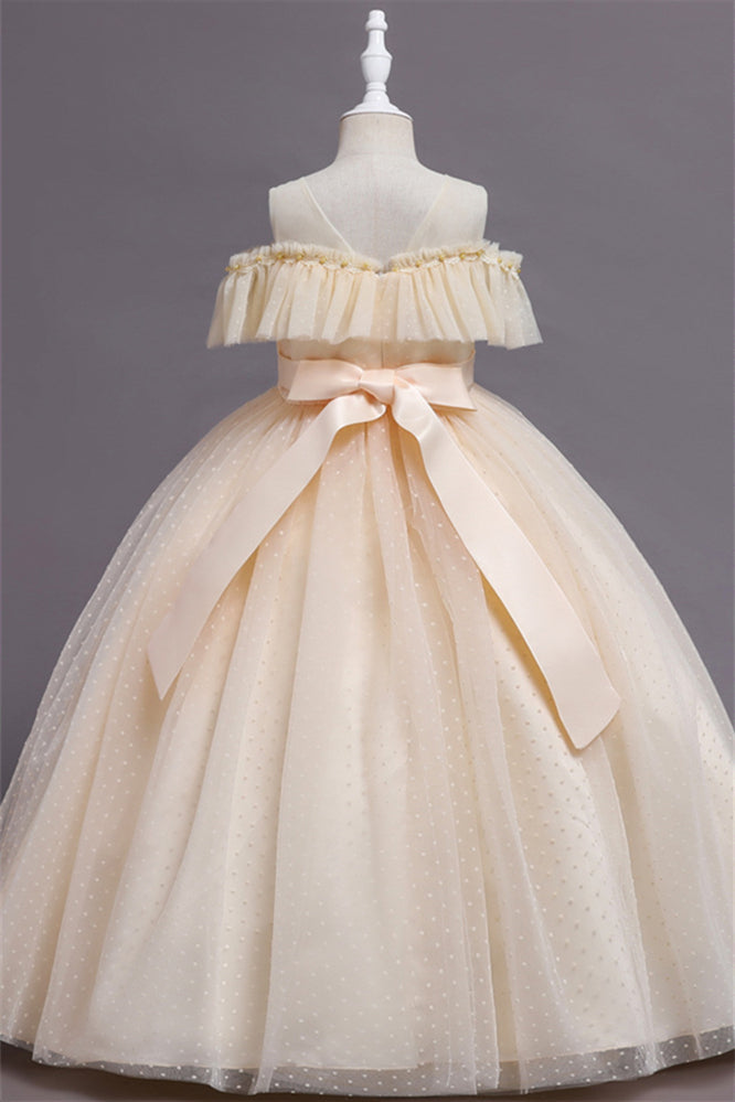 Pretty Dusty Pink Tulle Flower Girl Dress with Long Ruffle Sleeves and Spot-BallBride