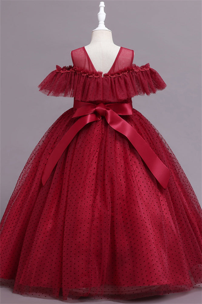 Pretty Dusty Pink Tulle Flower Girl Dress with Long Ruffle Sleeves and Spot-BallBride
