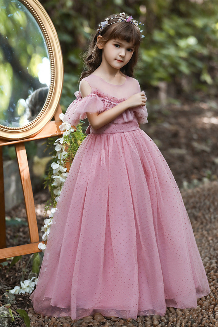 Pretty Dusty Pink Tulle Flower Girl Dress with Long Ruffle Sleeves and Spot-BallBride