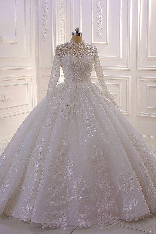 Pretty High Neck Long Sleeve Wedding Dress With Appliques, Ruffles, Lace, Pearl & Sequins-BallBride
