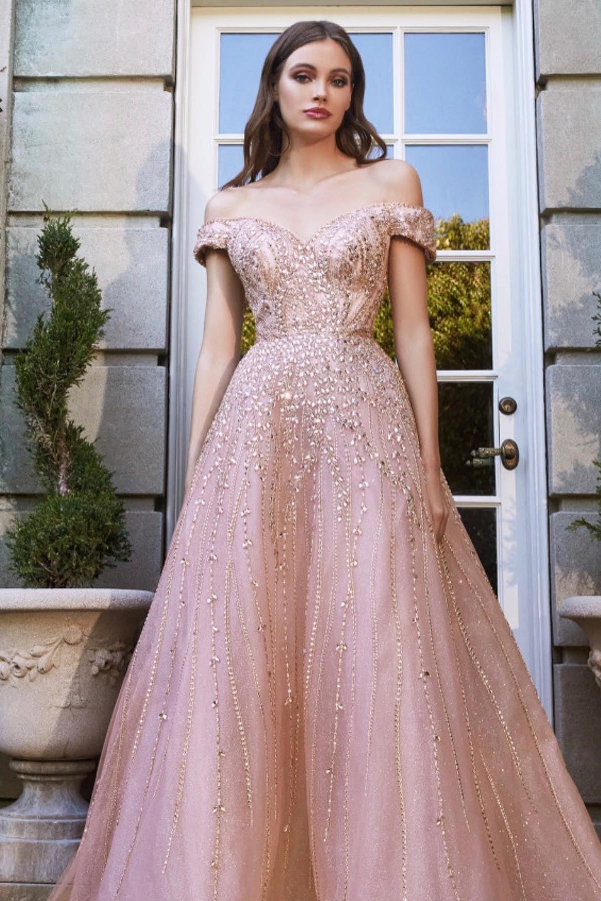 Pretty Pink Off-The-Shoulder Sweetheart Beads Prom Dress With Sequins Tulle-BallBride