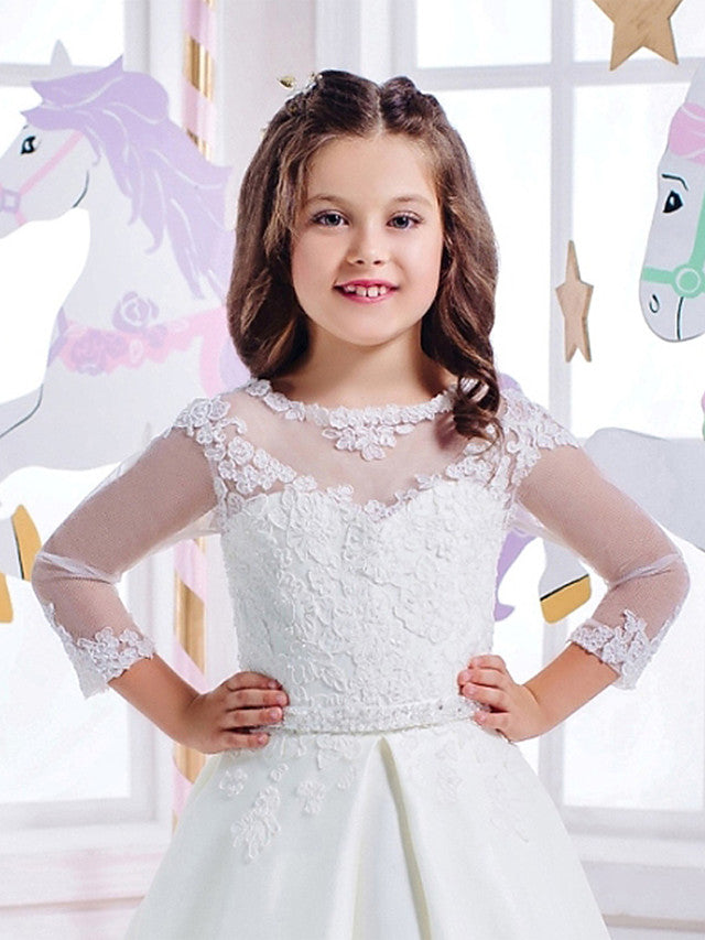 Princess 3/4 Length Sleeve Jewel Neck Flower Girl Dresses with Cotton Lace and Lace Appliques-BallBride