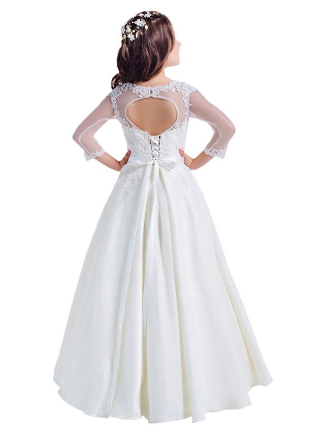 Princess 3/4 Length Sleeve Jewel Neck Flower Girl Dresses with Cotton Lace and Lace Appliques-BallBride
