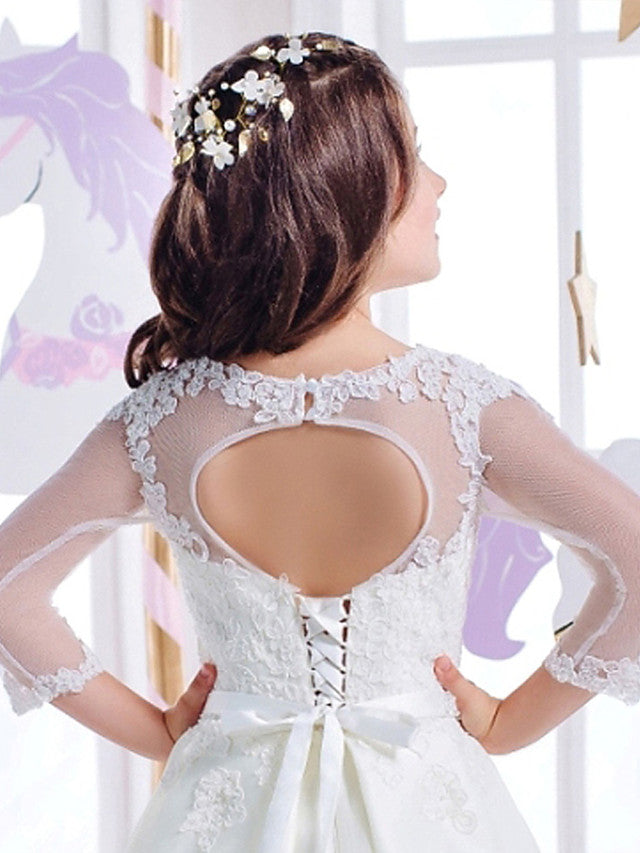 Princess 3/4 Length Sleeve Jewel Neck Flower Girl Dresses with Cotton Lace and Lace Appliques-BallBride
