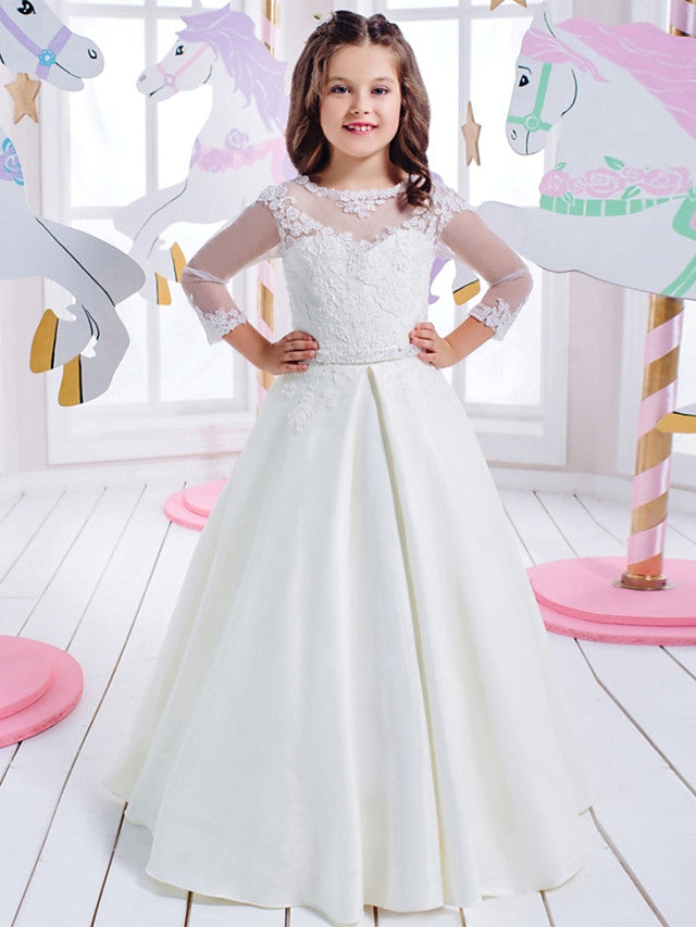 Princess 3/4 Length Sleeve Jewel Neck Flower Girl Dresses with Cotton Lace and Lace Appliques-BallBride