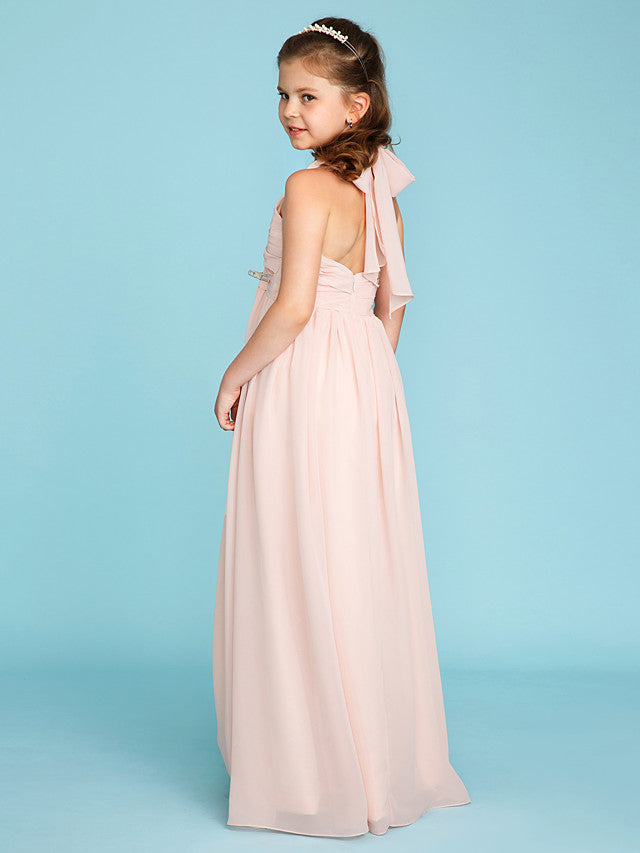 Princess A-Line Halter Neck Flower Girl Dress Floor Length Chiffon With Pleats Ruched-BallBride