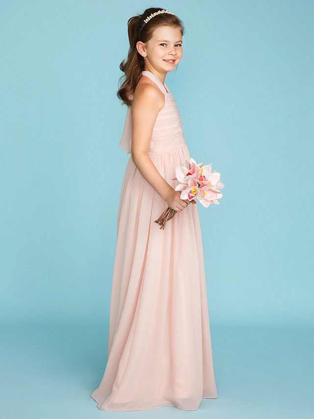 Princess A-Line Halter Neck Flower Girl Dress Floor Length Chiffon With Pleats Ruched-BallBride