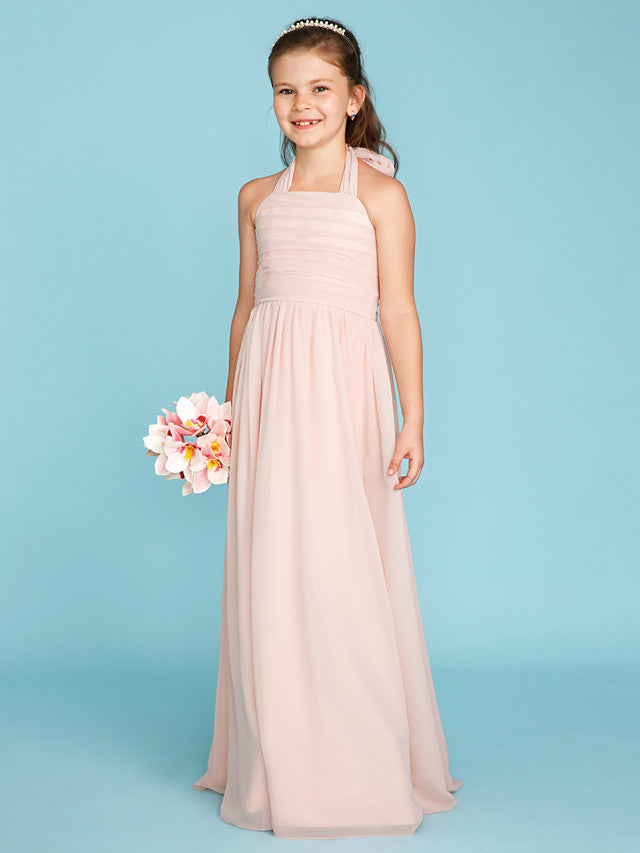 Princess A-Line Halter Neck Flower Girl Dress Floor Length Chiffon With Pleats Ruched-BallBride
