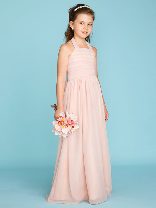 Princess A-Line Halter Neck Flower Girl Dress Floor Length Chiffon With Pleats Ruched-BallBride