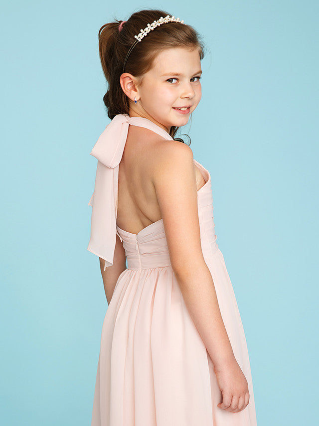Princess A-Line Halter Neck Flower Girl Dress Floor Length Chiffon With Pleats Ruched-BallBride