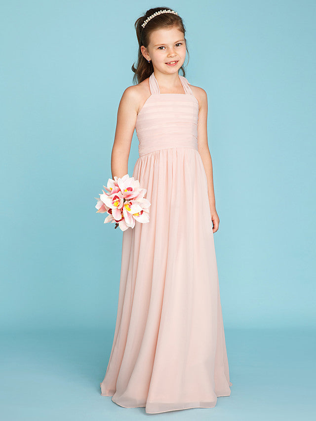 Princess A-Line Halter Neck Flower Girl Dress Floor Length Chiffon With Pleats Ruched-BallBride