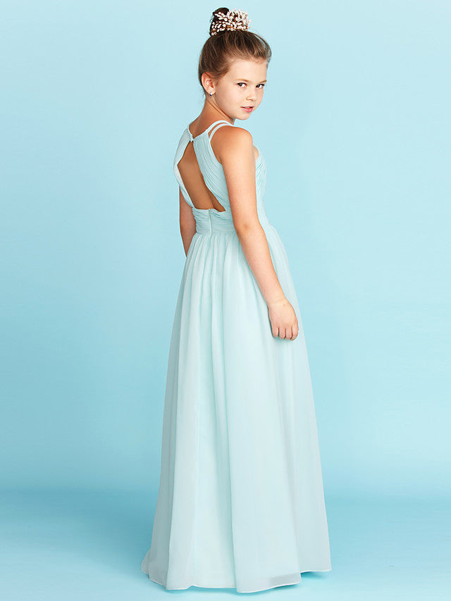 Princess A-Line Jewel Neck Floor Length Chiffon Flower Girl Dress with Ruched Side-Draped Wedding Party Open Back-BallBride