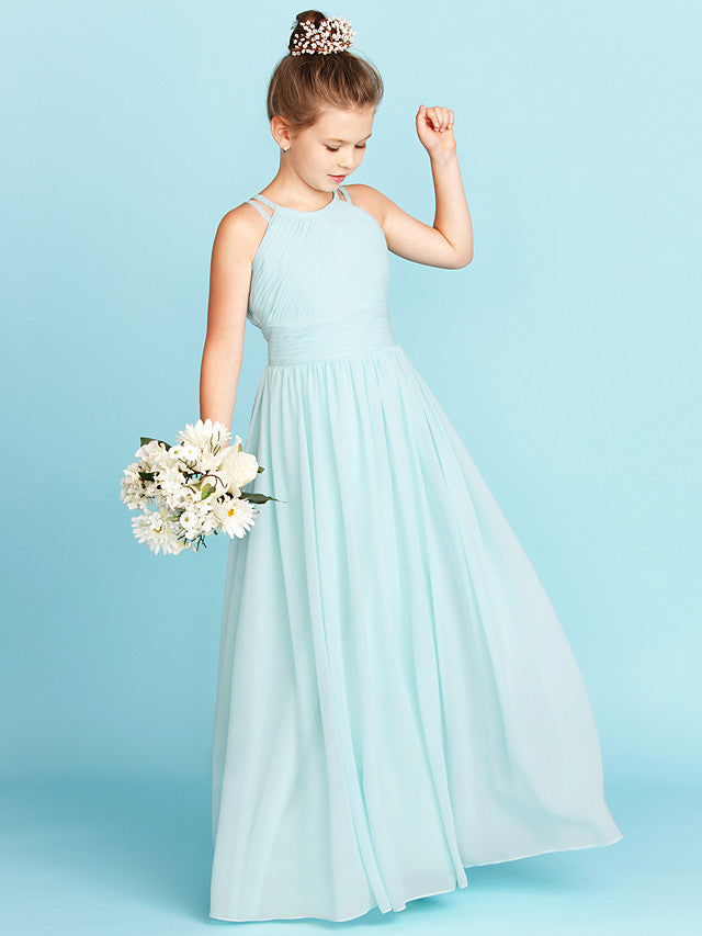 Princess A-Line Jewel Neck Floor Length Chiffon Flower Girl Dress with Ruched Side-Draped Wedding Party Open Back-BallBride