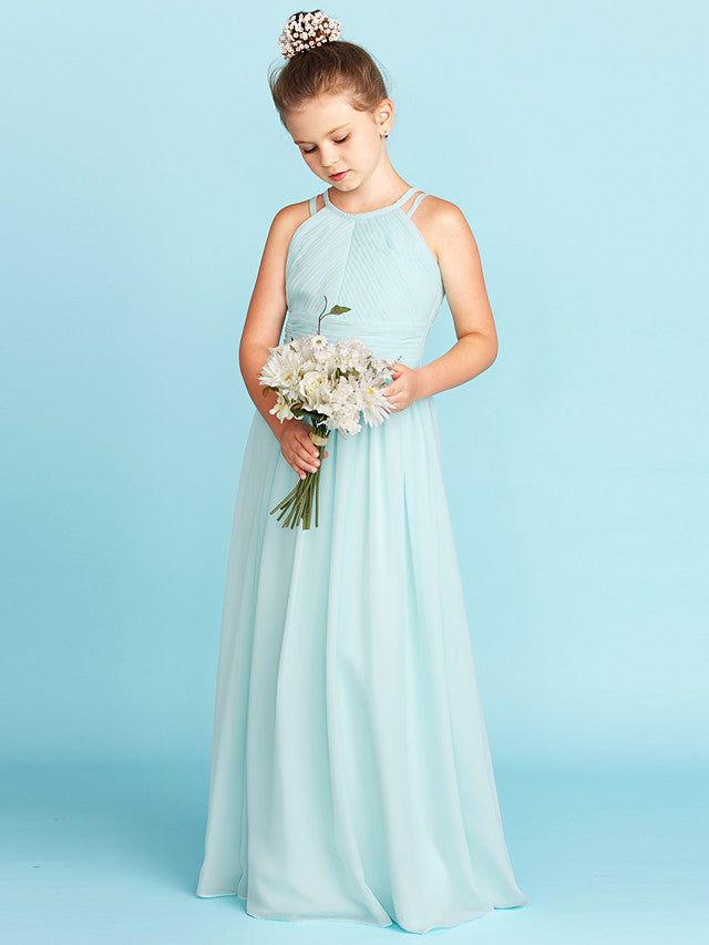 Princess A-Line Jewel Neck Floor Length Chiffon Flower Girl Dress with Ruched Side-Draped Wedding Party Open Back-BallBride