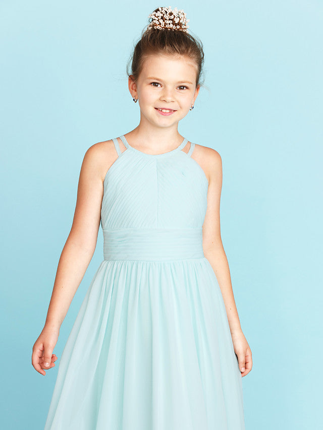 Princess A-Line Jewel Neck Floor Length Chiffon Flower Girl Dress with Ruched Side-Draped Wedding Party Open Back-BallBride