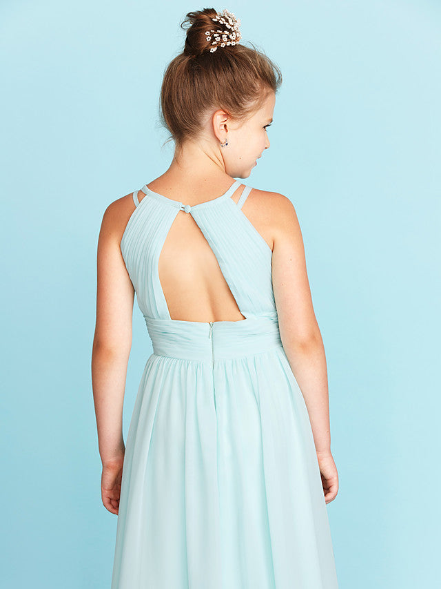 Princess A-Line Jewel Neck Floor Length Chiffon Flower Girl Dress with Ruched Side-Draped Wedding Party Open Back-BallBride