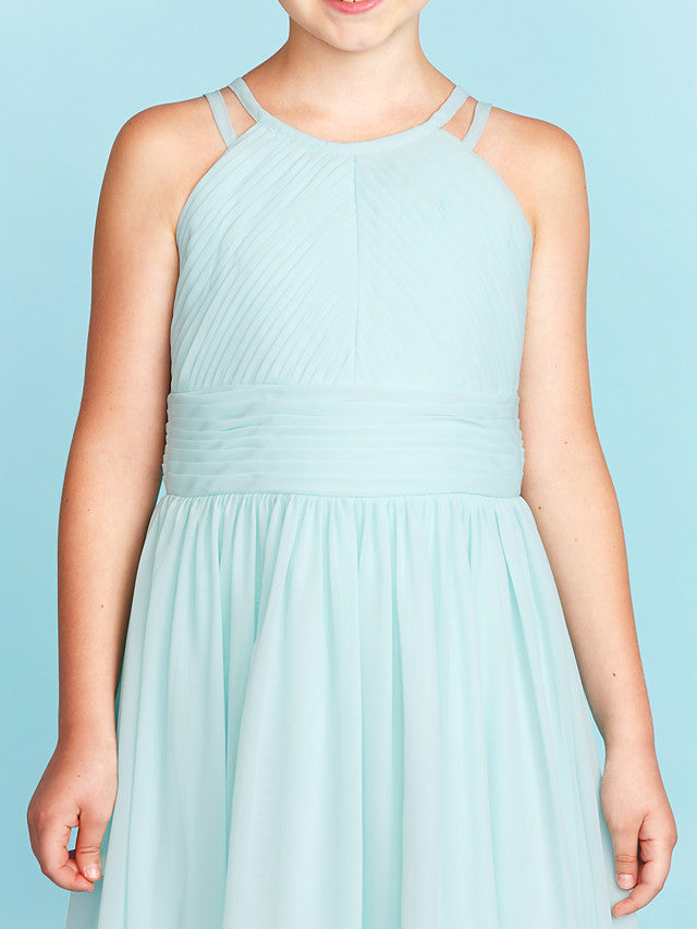 Princess A-Line Jewel Neck Floor Length Chiffon Flower Girl Dress with Ruched Side-Draped Wedding Party Open Back-BallBride