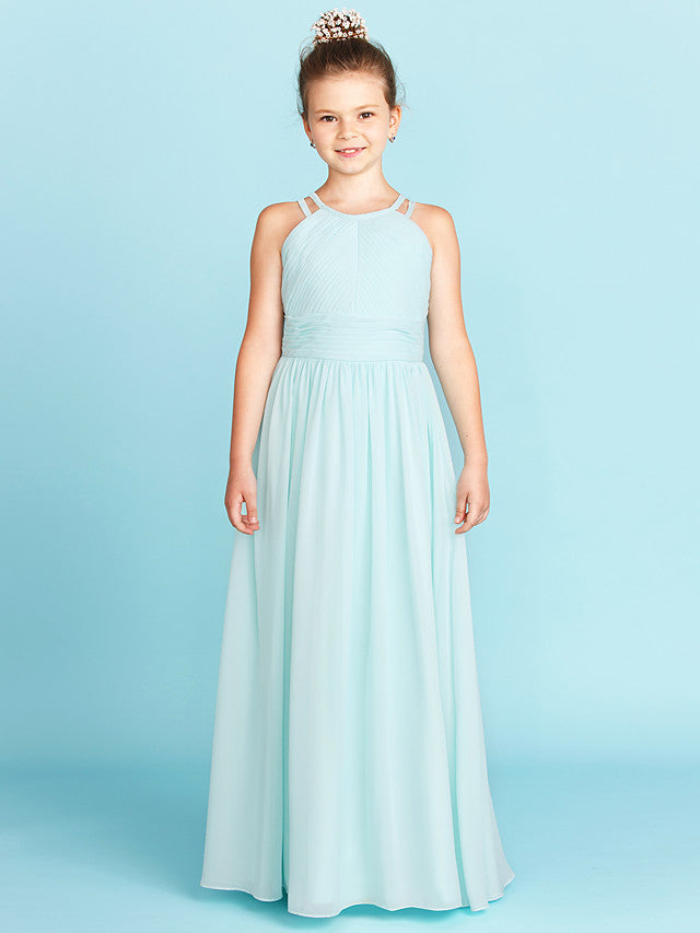 Princess A-Line Jewel Neck Floor Length Chiffon Flower Girl Dress with Ruched Side-Draped Wedding Party Open Back-BallBride