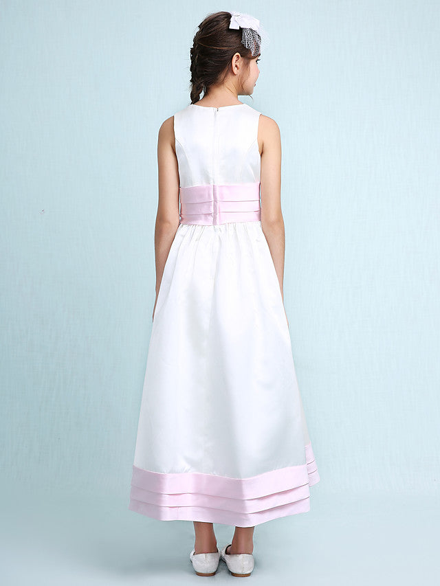 Princess A-Line Jewel Neck Satin Junior Bridesmaid Dress with Sash Ribbon Ruched Ruffles for Spring Summer Fall Winter Weddings-BallBride