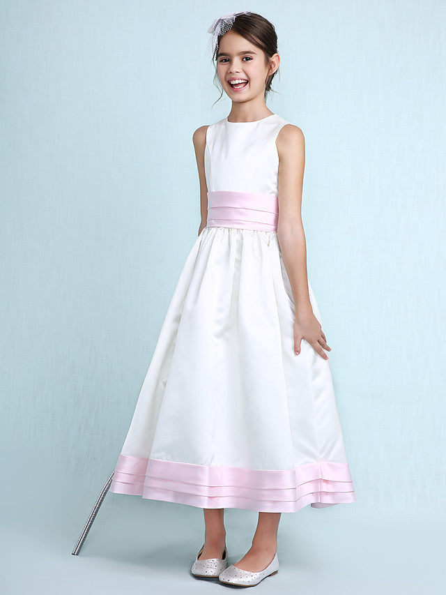 Princess A-Line Jewel Neck Satin Junior Bridesmaid Dress with Sash Ribbon Ruched Ruffles for Spring Summer Fall Winter Weddings-BallBride
