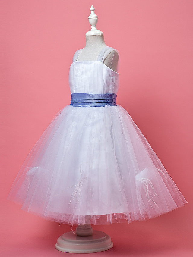 Princess A-Line Knee Length Tulle Sleeveless Dress With Feathers / Fur / Sash / Ribbon / Ruched-BallBride
