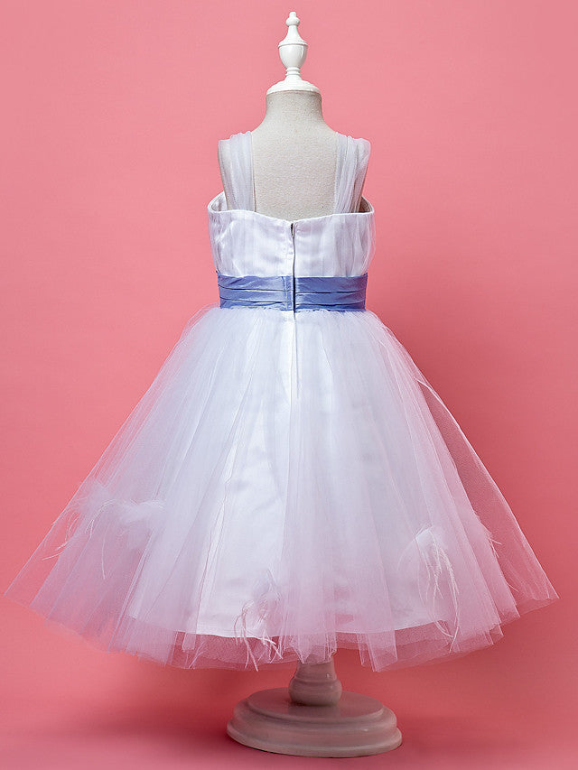 Princess A-Line Knee Length Tulle Sleeveless Dress With Feathers / Fur / Sash / Ribbon / Ruched-BallBride