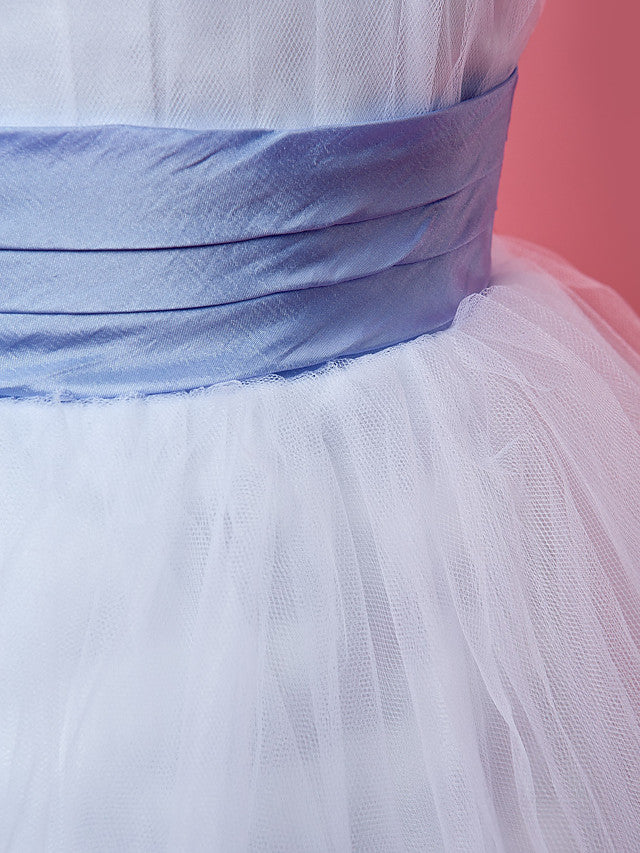 Princess A-Line Knee Length Tulle Sleeveless Dress With Feathers / Fur / Sash / Ribbon / Ruched-BallBride