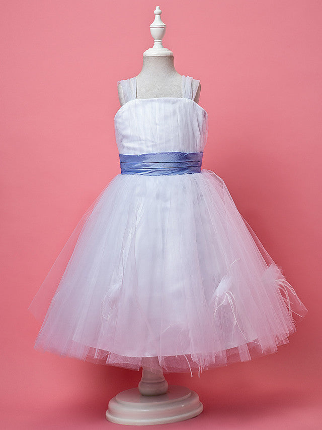 Princess A-Line Knee Length Tulle Sleeveless Dress With Feathers / Fur / Sash / Ribbon / Ruched-BallBride