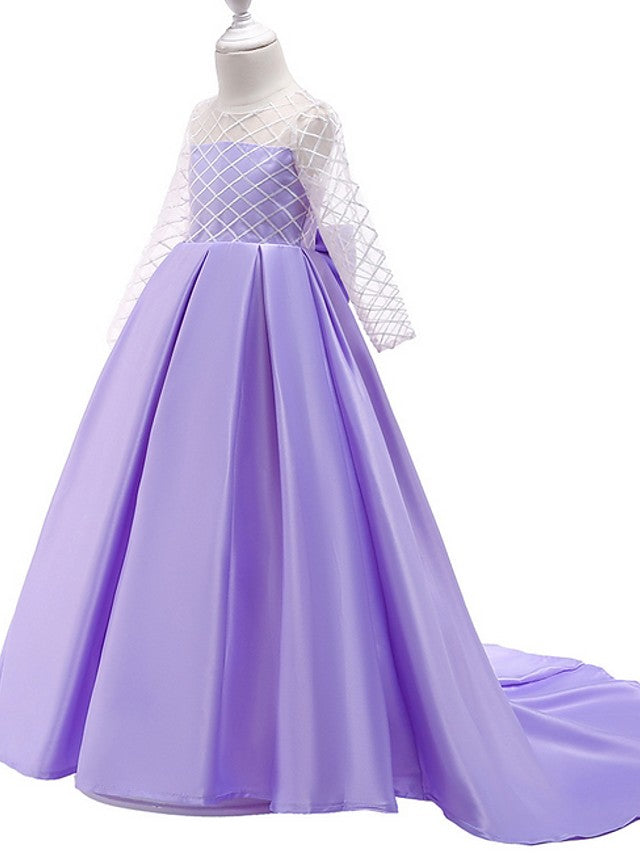 Princess A-Line Long Sleeve Flower Girl Dress with Bow Pleats-BallBride