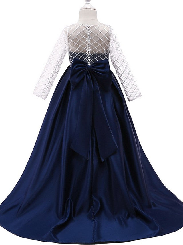Princess A-Line Long Sleeve Flower Girl Dress with Bow Pleats-BallBride