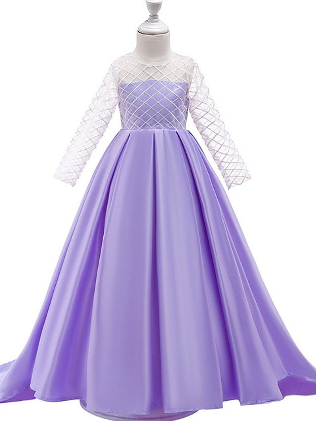 Princess A-Line Long Sleeve Flower Girl Dress with Bow Pleats-BallBride