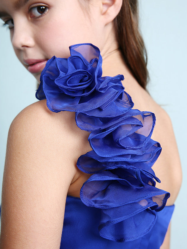 Princess A-Line One-Shoulder Chiffon Junior Bridesmaid Dress with Sash Ribbon Ruffles and Side Draping for Spring Fall Winter Wedding Party Natural-BallBride