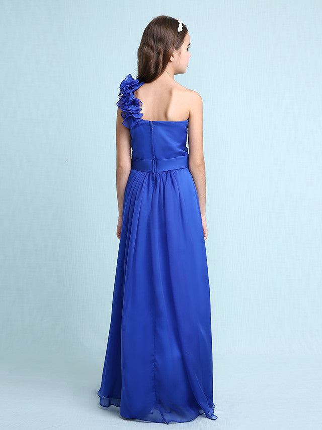 Princess A-Line One-Shoulder Chiffon Junior Bridesmaid Dress with Sash Ribbon Ruffles and Side Draping for Spring Fall Winter Wedding Party Natural-BallBride