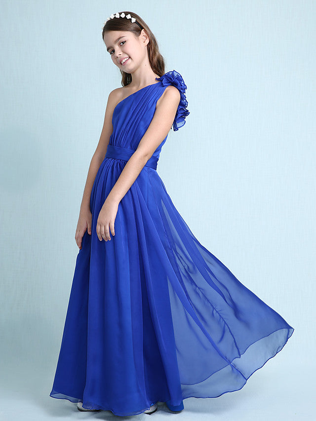 Princess A-Line One-Shoulder Chiffon Junior Bridesmaid Dress with Sash Ribbon Ruffles and Side Draping for Spring Fall Winter Wedding Party Natural-BallBride