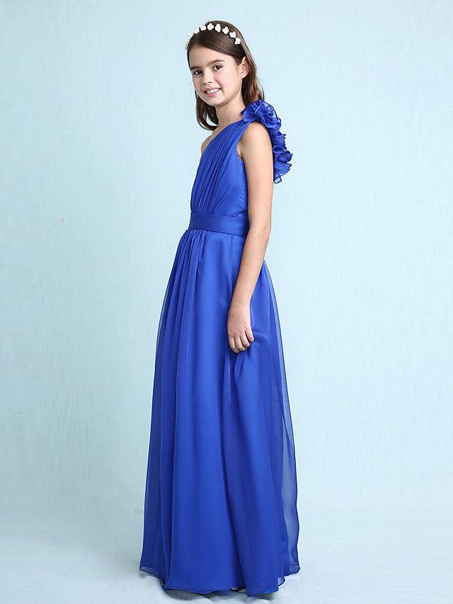 Princess A-Line One-Shoulder Chiffon Junior Bridesmaid Dress with Sash Ribbon Ruffles and Side Draping for Spring Fall Winter Wedding Party Natural-BallBride