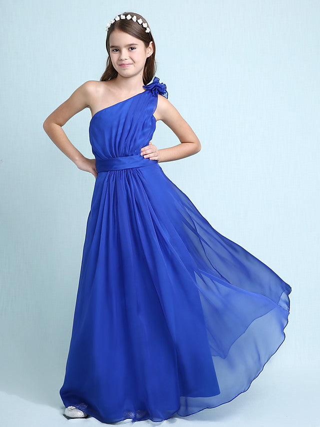 Princess A-Line One-Shoulder Chiffon Junior Bridesmaid Dress with Sash Ribbon Ruffles and Side Draping for Spring Fall Winter Wedding Party Natural-BallBride