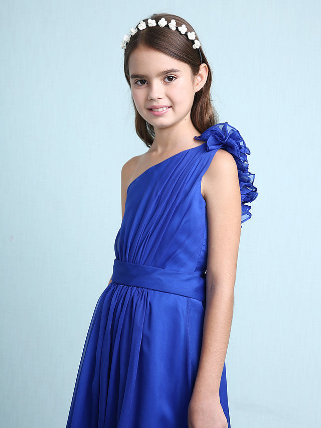 Princess A-Line One-Shoulder Chiffon Junior Bridesmaid Dress with Sash Ribbon Ruffles and Side Draping for Spring Fall Winter Wedding Party Natural-BallBride