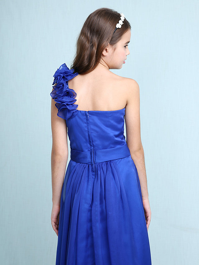Princess A-Line One-Shoulder Chiffon Junior Bridesmaid Dress with Sash Ribbon Ruffles and Side Draping for Spring Fall Winter Wedding Party Natural-BallBride