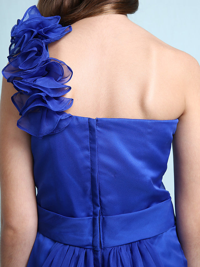 Princess A-Line One-Shoulder Chiffon Junior Bridesmaid Dress with Sash Ribbon Ruffles and Side Draping for Spring Fall Winter Wedding Party Natural-BallBride
