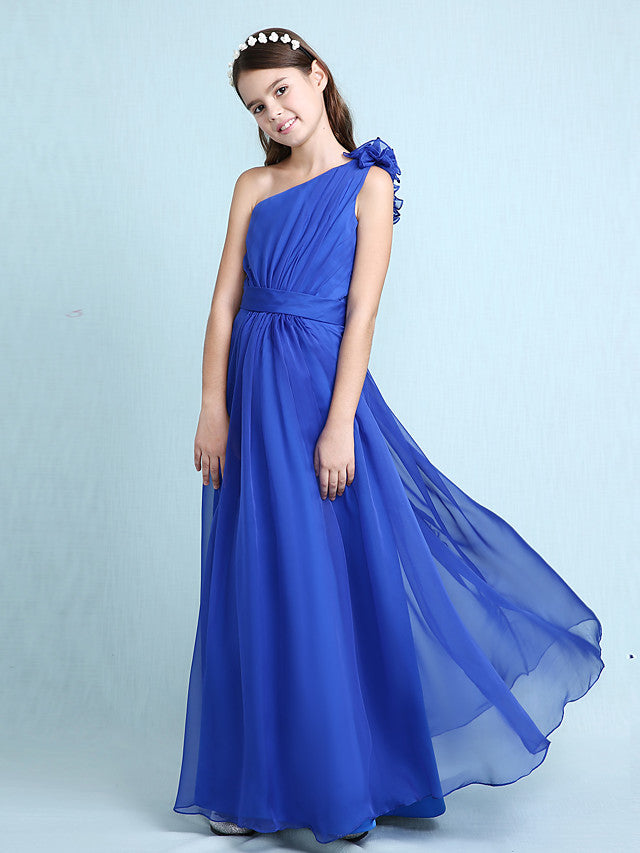 Princess A-Line One-Shoulder Chiffon Junior Bridesmaid Dress with Sash Ribbon Ruffles and Side Draping for Spring Fall Winter Wedding Party Natural-BallBride