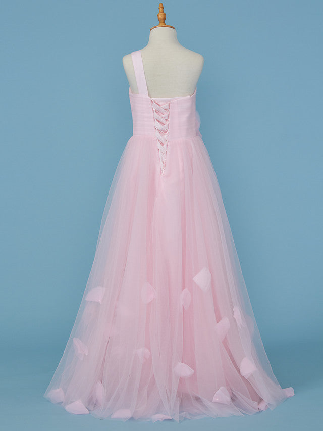 Princess A-Line One Shoulder Flower Girl Dress With Pleats and Appliques-BallBride