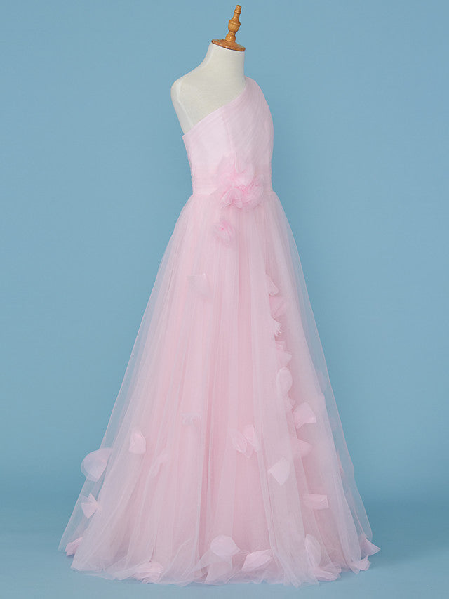 Princess A-Line One Shoulder Flower Girl Dress With Pleats and Appliques-BallBride