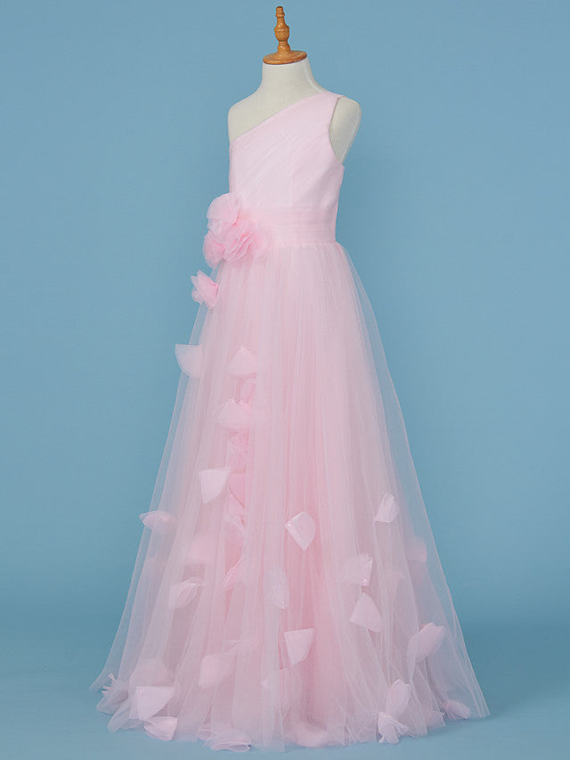 Princess A-Line One Shoulder Flower Girl Dress With Pleats and Appliques-BallBride