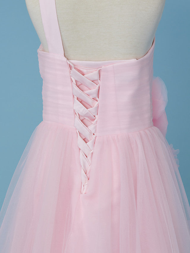 Princess A-Line One Shoulder Flower Girl Dress With Pleats and Appliques-BallBride