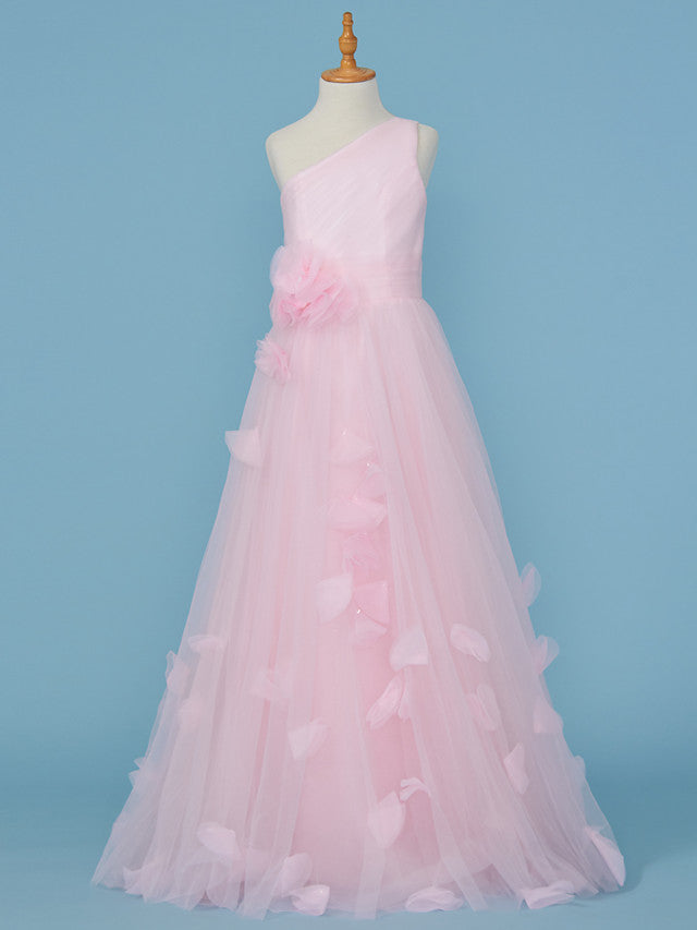 Princess A-Line One Shoulder Flower Girl Dress With Pleats and Appliques-BallBride
