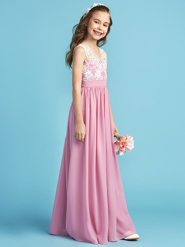 Princess A-Line Queen Anne Floor Length Chiffon Lace Junior Flower Girl Dress With Lace Pleats-BallBride