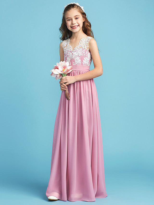 Princess A-Line Queen Anne Floor Length Chiffon Lace Junior Flower Girl Dress With Lace Pleats-BallBride